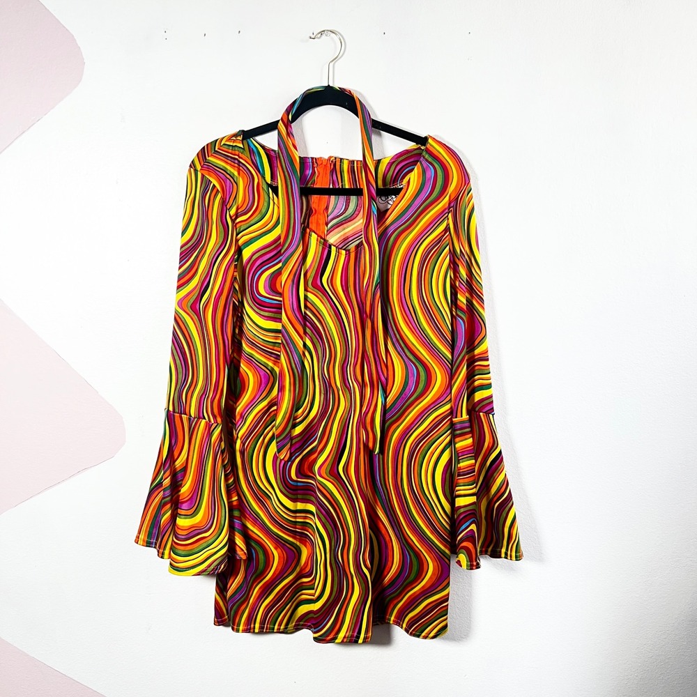 Vtg Charades Psychedelic Mini Dress Womens Large Swirl Bell Sleeve Retro Costume